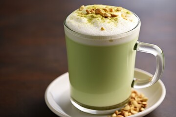 A close-up view of a delicious, frothy pistachio latte served in a clear glass mug, with a dusting of crushed nuts on top for an extra crunch