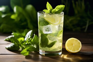 A Refreshing Glass of Basil Lemon Cooler Garnished with Fresh Basil Leaves and Lemon Slices on a Rustic Wooden Table in the Summer Sunlight