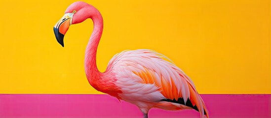 Vibrantly colored yellow background with pink flamingo in oil painting