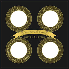 Four round gold frames with original ornaments. Black background. Set of vector illustrations. Collection No. 1