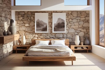 modern minimalist scandinavian bedroom with light natural materials with modern art on the walls