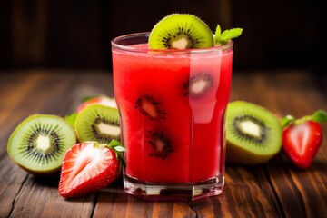A refreshing glass of homemade strawberry and kiwi juice, garnished with fresh fruits on a rustic wooden table