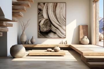 modern minimalist scandinavian entrance hall with light natural materials with modern art on the walls - obrazy, fototapety, plakaty