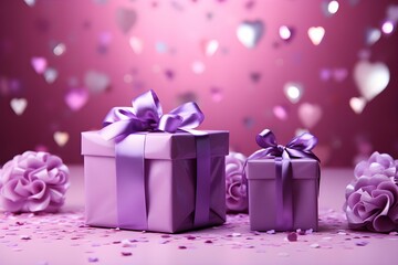 luxury purple gift box with purple ribbon on particles and confetti background