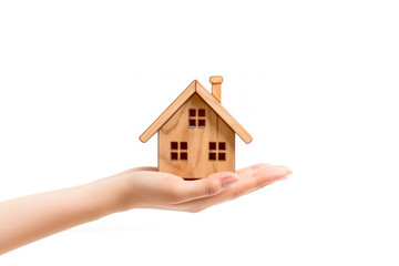 Fototapeta na wymiar A hand holds a miniature house against a white background, illustrating the concept of investing in real estate for future returns.
