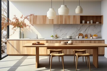 modern minimalist scandinavian kitchen with light natural materials with modern art on the walls