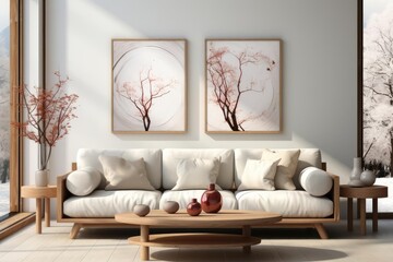 modern minimalist scandinavian living room with light natural materials with modern art on the walls