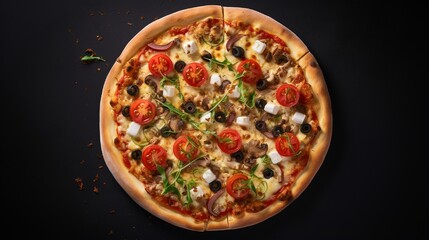 An overhead shot of a gourmet pizza, with bubbling cheese and fresh toppings, on a minimalist, solid background, as if taken by a high-definition camera