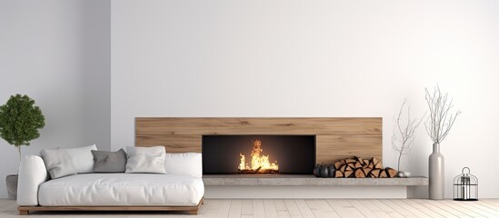 Modern white living room with wood accents and sleek fireplace and couch With copyspace for text