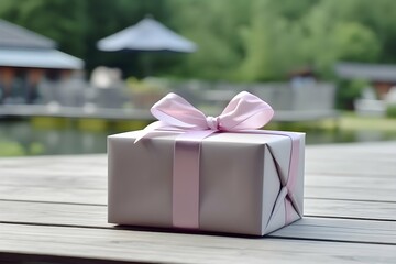 luxury grey paper gift box with pink ribbon on table background