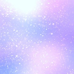 Falling snow in glow on airy blue lilac color background.