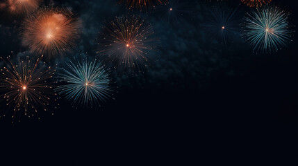 Naklejka premium fireworks in black sky against dark background, dark emerald and light amber, decorative backgrounds, with empty copy space
