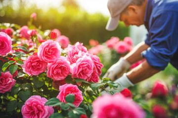 a gardener's hands expertly pruning a rose bush in the spring, ensuring that the plant thrives and produces beautiful blooms. - obrazy, fototapety, plakaty