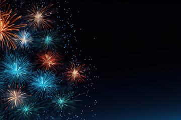 fireworks in black sky against dark background, dark emerald and light amber, decorative backgrounds, with empty copy space