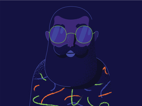 Fashion portrait of a model man and neon light. Vector illustration. A light girl's face. Profile pictures faceless avatars fluorescence t-shirts pattern. Ultraviolet trendy colors poster or flyer.