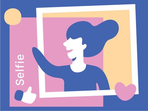 Social media concept banner. Young woman makes selfie. Popular media blogger. Social Network Interface, Like, Photo Frame. Vector flat cartoon illustration for web sites and banners design