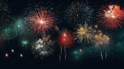 Naklejka premium fireworks in black sky against dark background, dark emerald and light amber, decorative backgrounds, with empty copy space