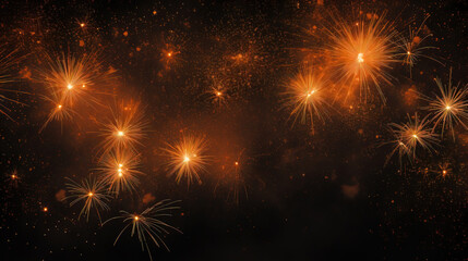 Naklejka premium fireworks in black sky against dark background, dark emerald and light amber, decorative backgrounds, with empty copy space