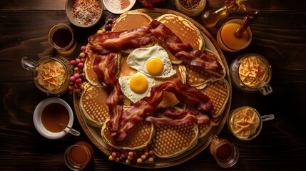From above, a breakfast spread featuring pancakes, eggs, and bacon, against a solid background, shot in high-definition to highlight each delicious component