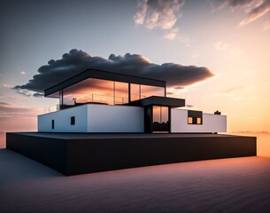 Fototapeta na wymiar a modern house over the sky and the clouds are the roof