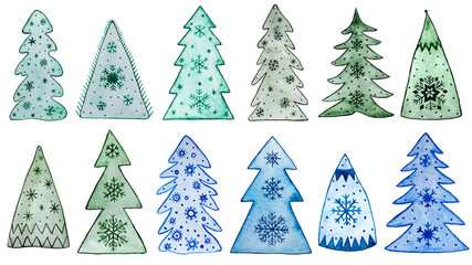 Set of 12 hand painted water color Christmas trees