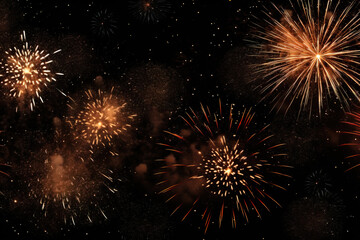 fireworks in black sky against dark background, dark emerald and light amber, decorative backgrounds, with empty copy space