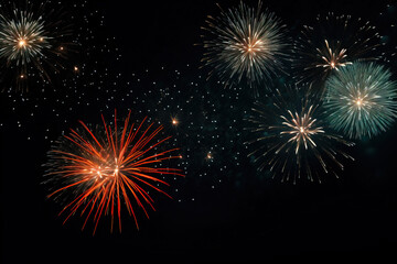 Fototapeta premium fireworks in black sky against dark background, dark emerald and light amber, decorative backgrounds, with empty copy space