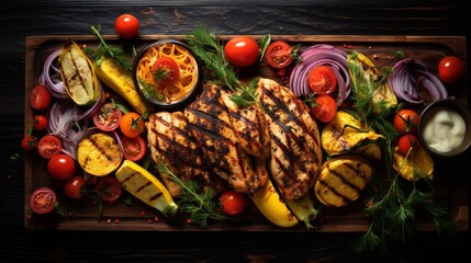 Grilled veggies and succulent chicken beautifully arranged on a wooden surface, viewed from above, presenting a delightful culinary scene