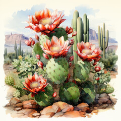 Fototapeta premium watercolor Saguaro cactus blossom clipart, generative ai