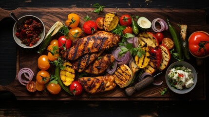 The tantalizing sight of grilled vegetables and marinated chicken on a rustic wooden backdrop, shot from above, promising a mouthwatering meal