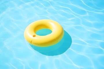 Yellow swim ring float in blue swimming pool. Summer holiday.