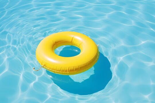 Yellow swim ring float in blue swimming pool. Summer holiday.