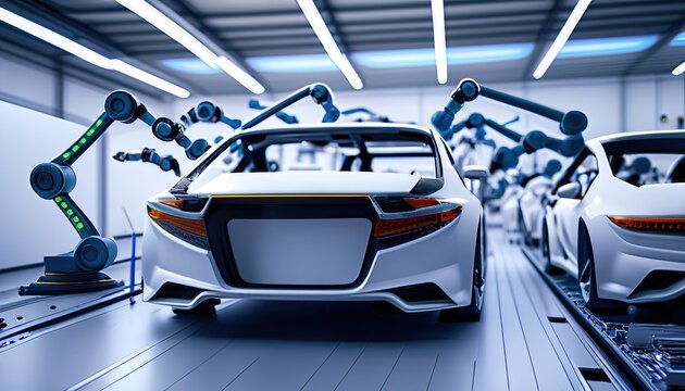 Robot arms assembling cars on a automated assembly line. Generative AI
