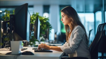A female IT specialist working on code at a standing desk in a modern office