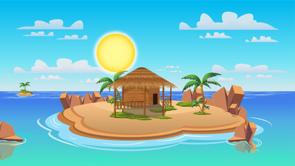 Fototapeta na wymiar Cartoon tropical island with huts, beach hut on tropical island resort, cartoon tropical island with huts, palm trees. mountains, blue ocean