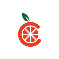 Orange fruit graphic vector illustration like letter C with two green leaves on top representing vitamin C, for company logo or symbol