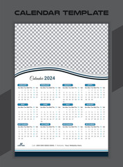 2024 One page wall calendar design template, modern 12 months one page calendar. Vector calendar template.