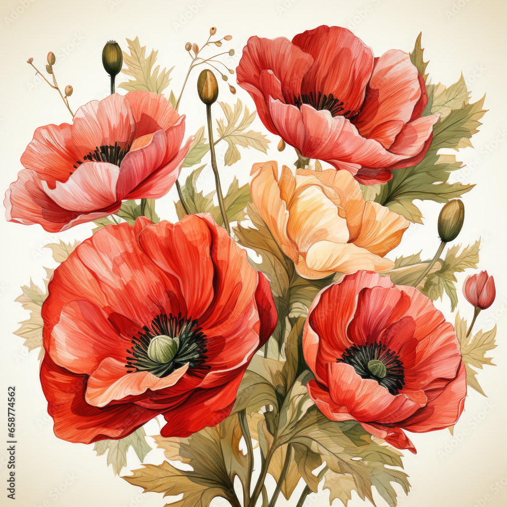 Wall mural watercolor poppy clipart, generative ai