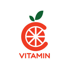 Orange fruit graphic vector illustration like letter C with two green leaves on top representing vitamin C, for company logo or symbol