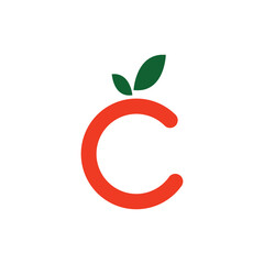 Orange fruit graphic vector illustration like letter C with two green leaves on top representing vitamin C, for company logo or symbol