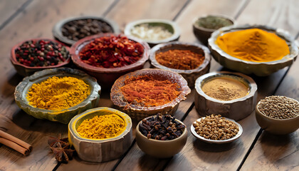 spices and herbs on a white background, Rustic Spice Medley: Colorful Array on Wooden Surface, AI Generated