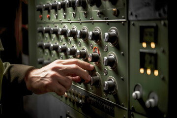 A skilled military engineer operates advanced radio interception equipment, using sophisticated technology to monitor and control frequency modulation for critical intelligence purposes.