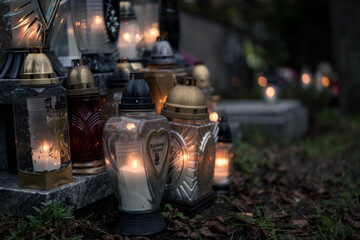 Lit decorative grave candles by a tombstone — Poland, November 1, All Saints’ Day (also known...