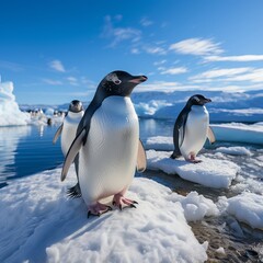 Penguin on an ice floe in the water. Large flightless bird in cold climates. Floating birds. copyspace. Concept: poster and design on the theme of the protection of animals and their habitat.	
