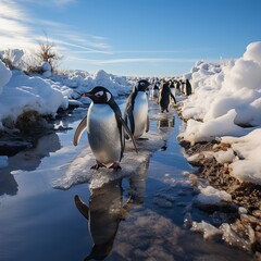 Penguin on an ice floe in the water. Large flightless bird in cold climates. Floating birds. copyspace. Concept: poster and design on the theme of the protection of animals and their habitat.	
