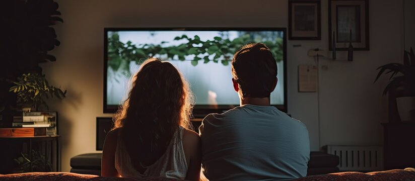 Young Couple Sitting On Couch Watching TV In The Living Room From Behind With Copyspace For Text