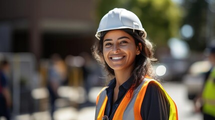 smiling young female construction worker wearing safety gear - obrazy, fototapety, plakaty