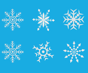 Set of white snowflakes. Vector on blue background