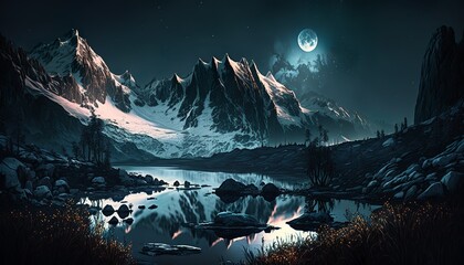 winter in mountain landscape at stary night design illustration - obrazy, fototapety, plakaty