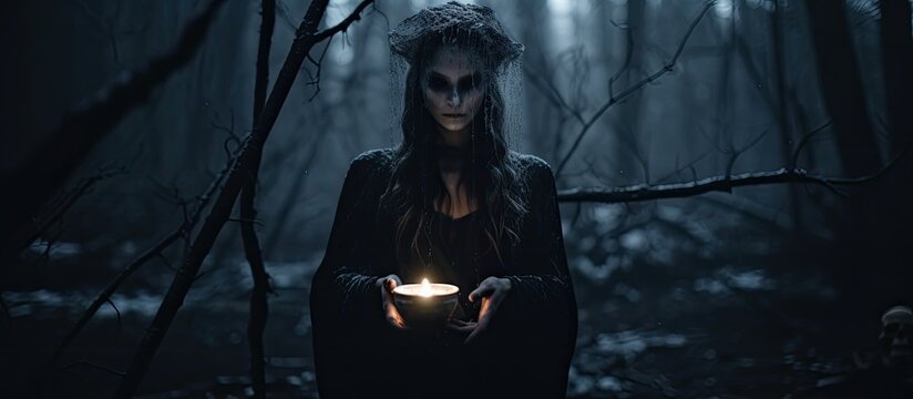 Mysterious witch performing satanic ritual with skull in dark forest With copyspace for text